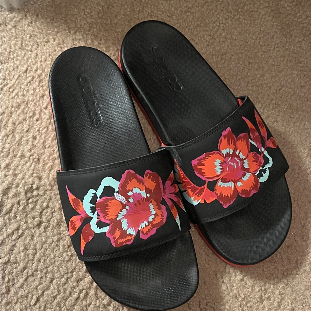Adidas Women's Black and Red Floral Sandals